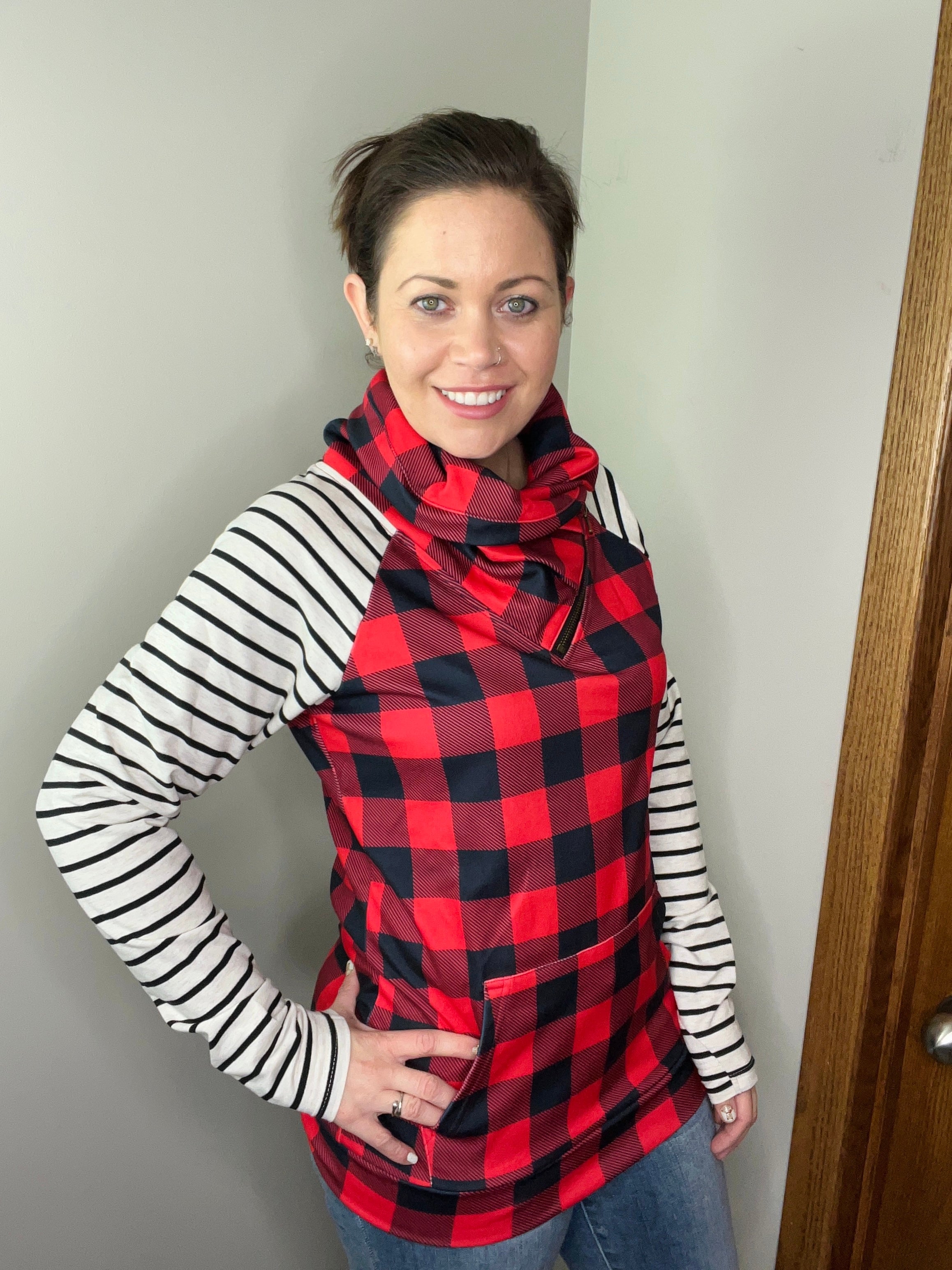 **Zoey ZipCowl - Buffalo Plaid and Oatmeal Stripes