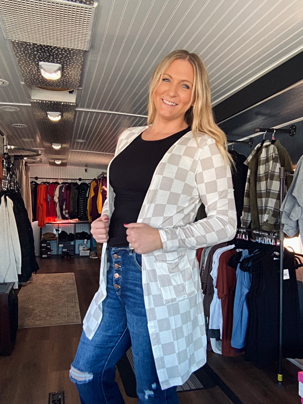 The Classic Cardigan in Neutral Checkers