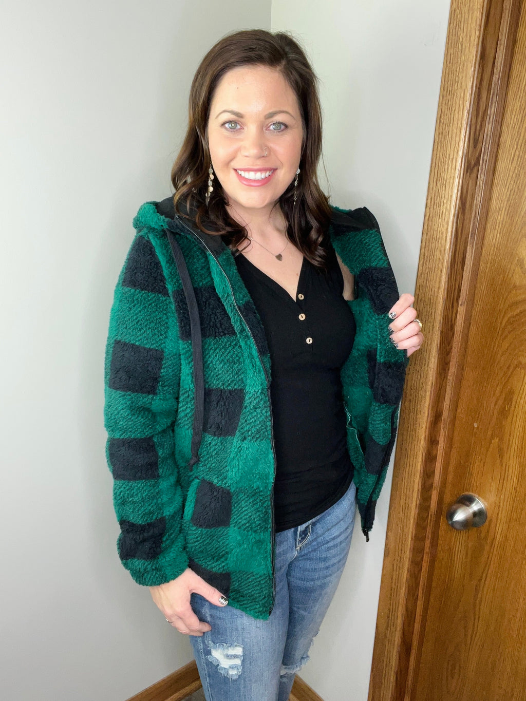 **Sherpa Full Zip Hoodie - Green Plaid FINAL SALE