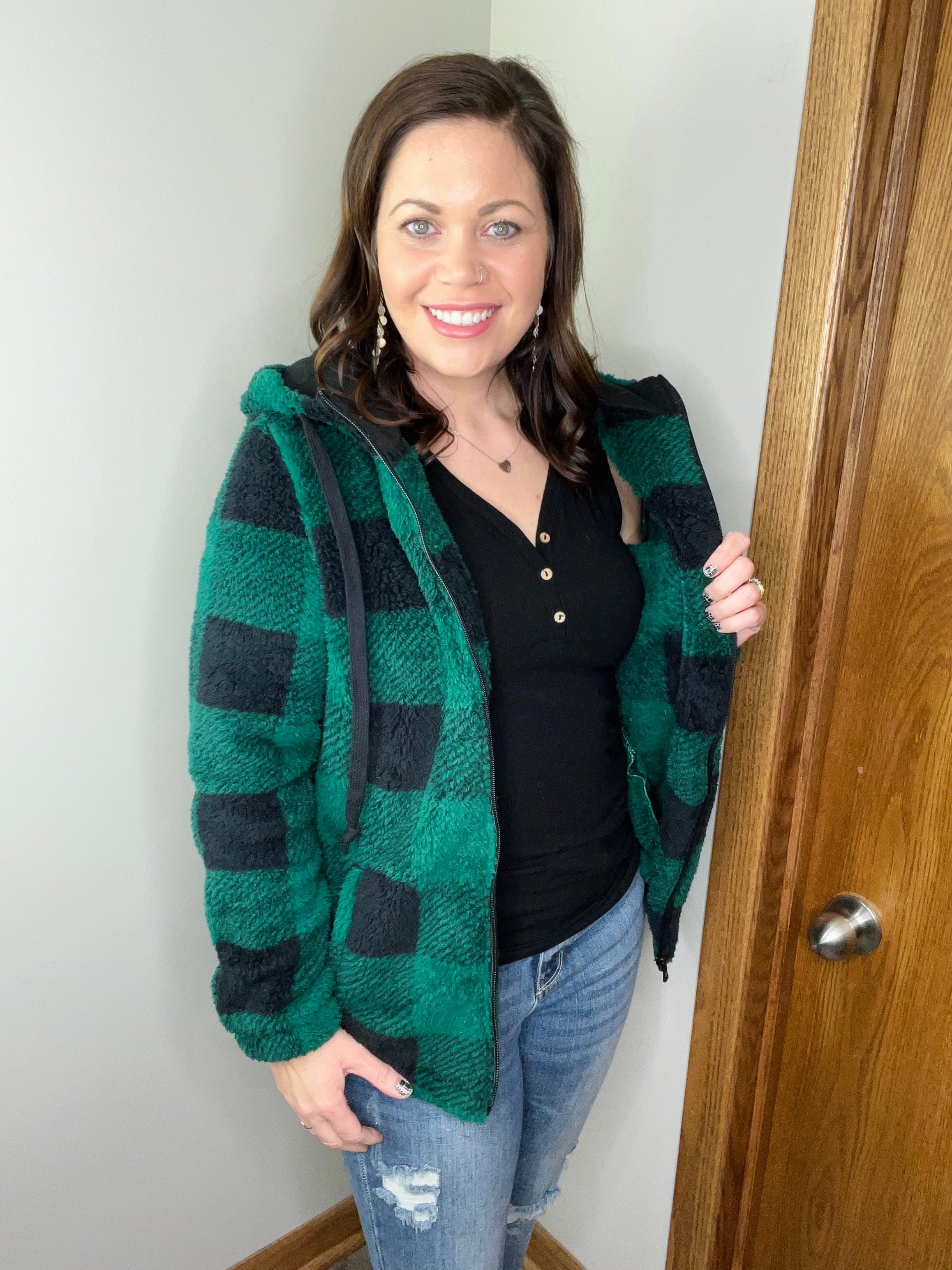 **Sherpa Full Zip Hoodie - Green Plaid FINAL SALE
