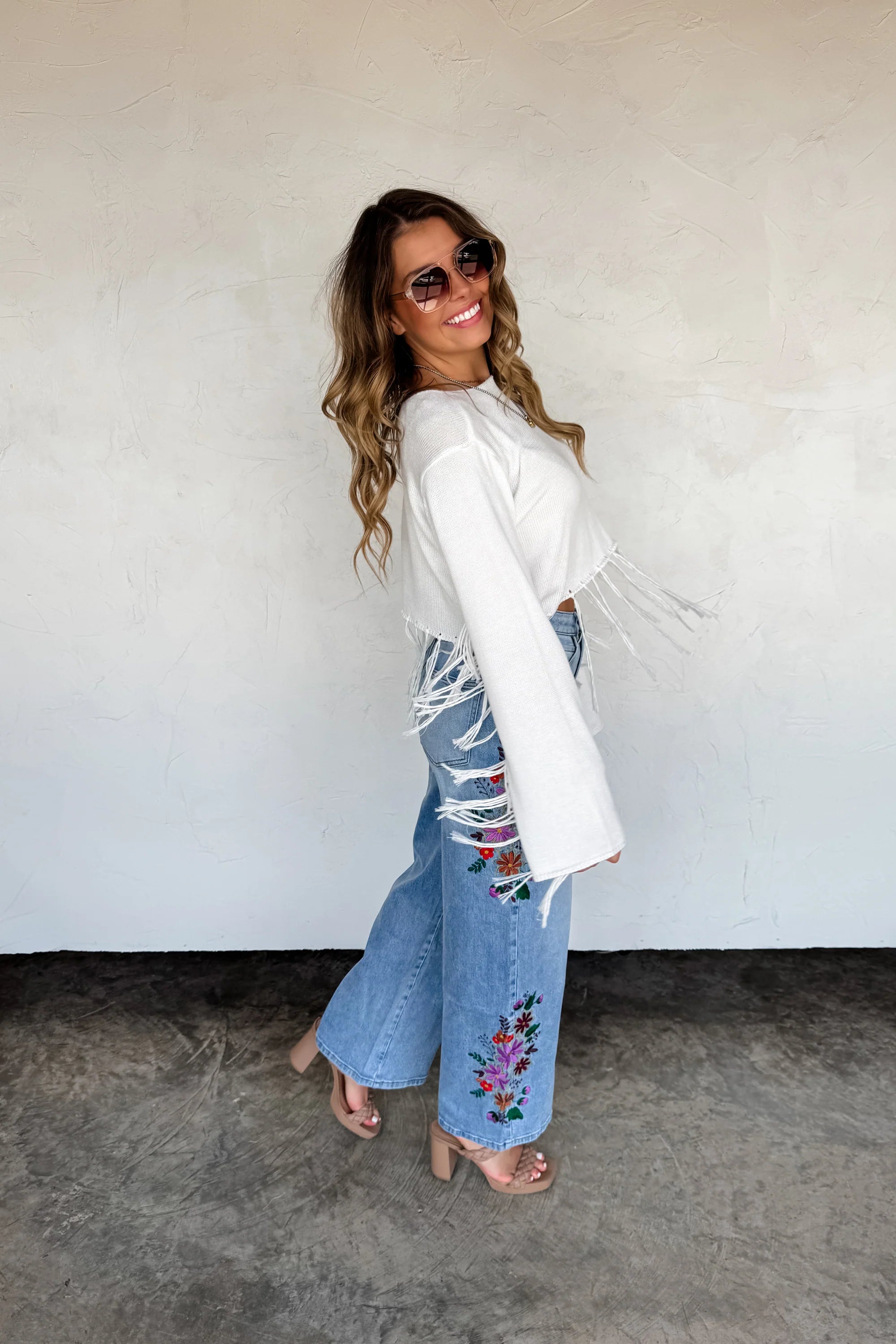 Evie Floral Embroidered Wide Leg Jeans