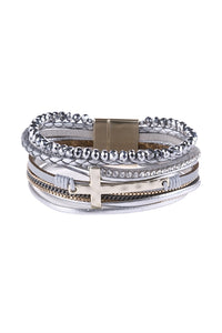 Silver Cross Leather Wrap Bracelet