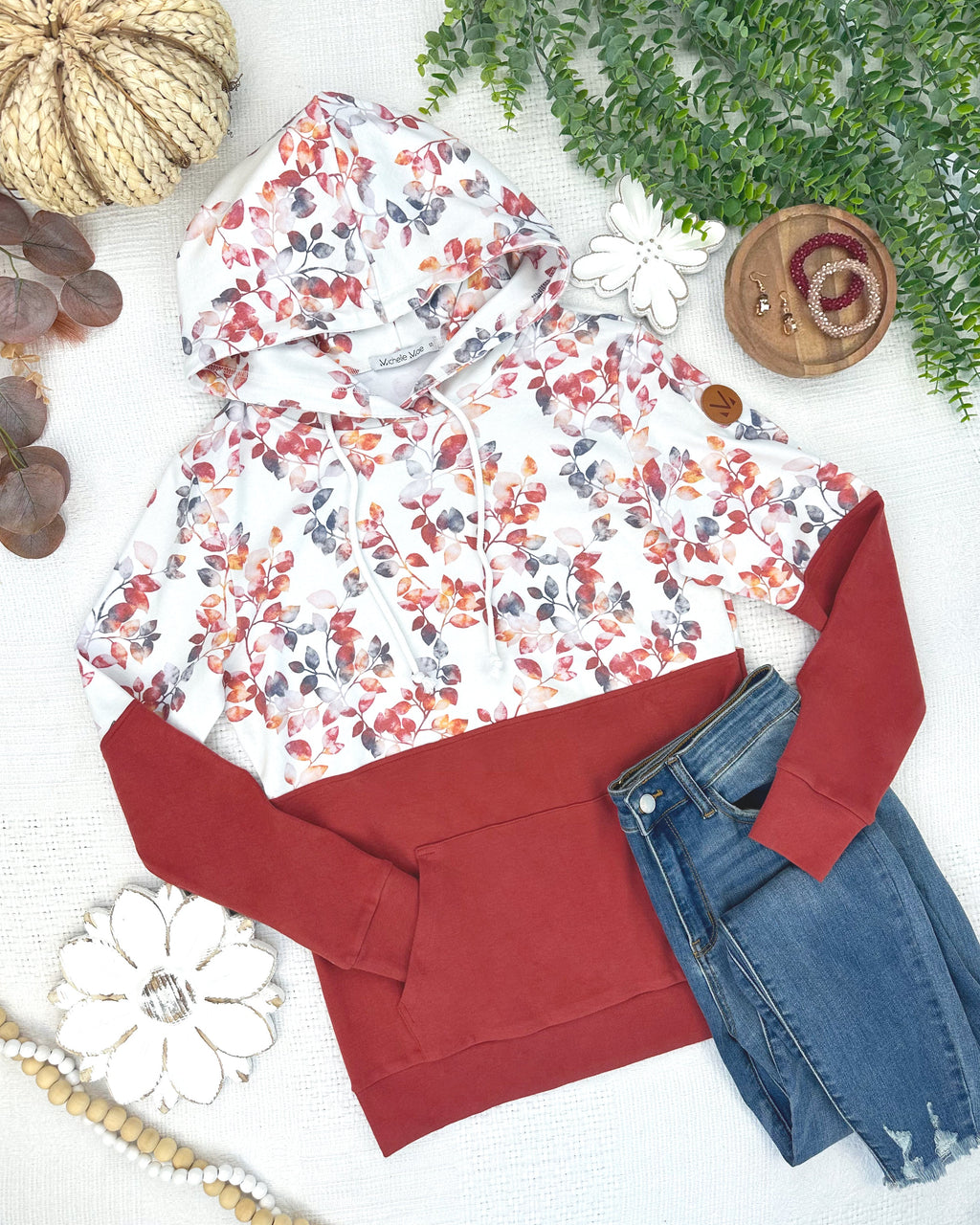Hailey Pullover Hoodie - Autumn Watercolor and Brick
