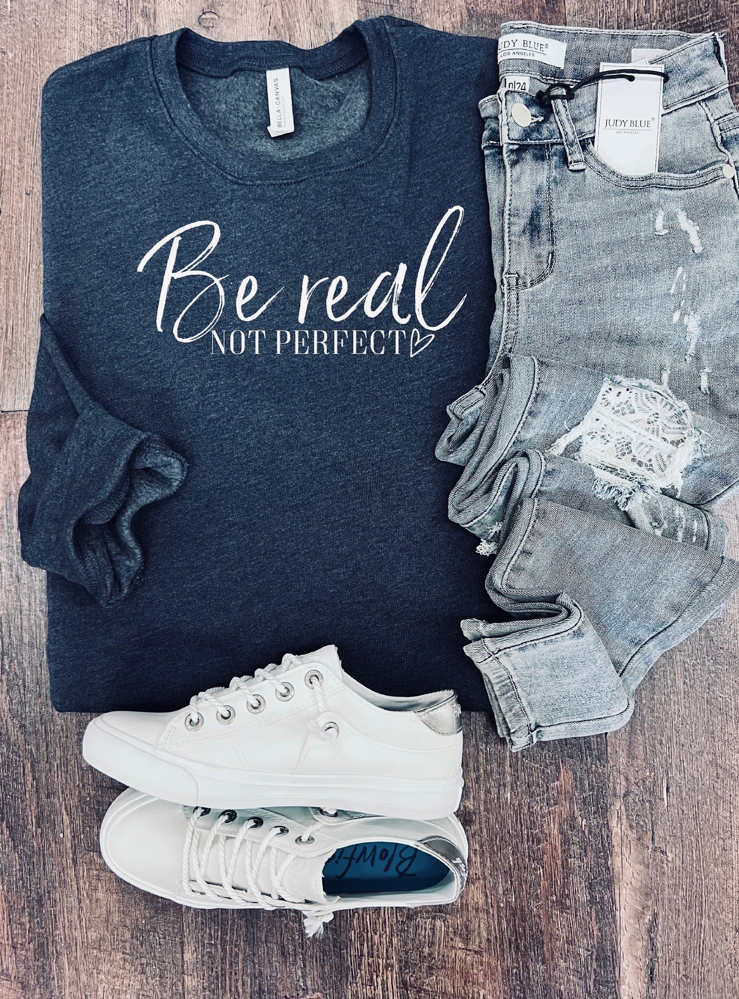 Be Real Not Perfect Crew in Charcoal
