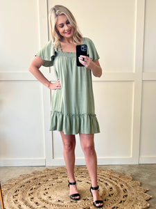 In Store Smocked Flutter Sleeve Dress in Green Willow