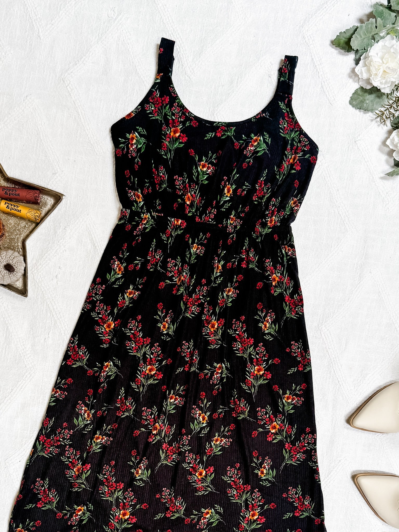 SALE! Reagan Ribbed Midi Dress - Black Floral