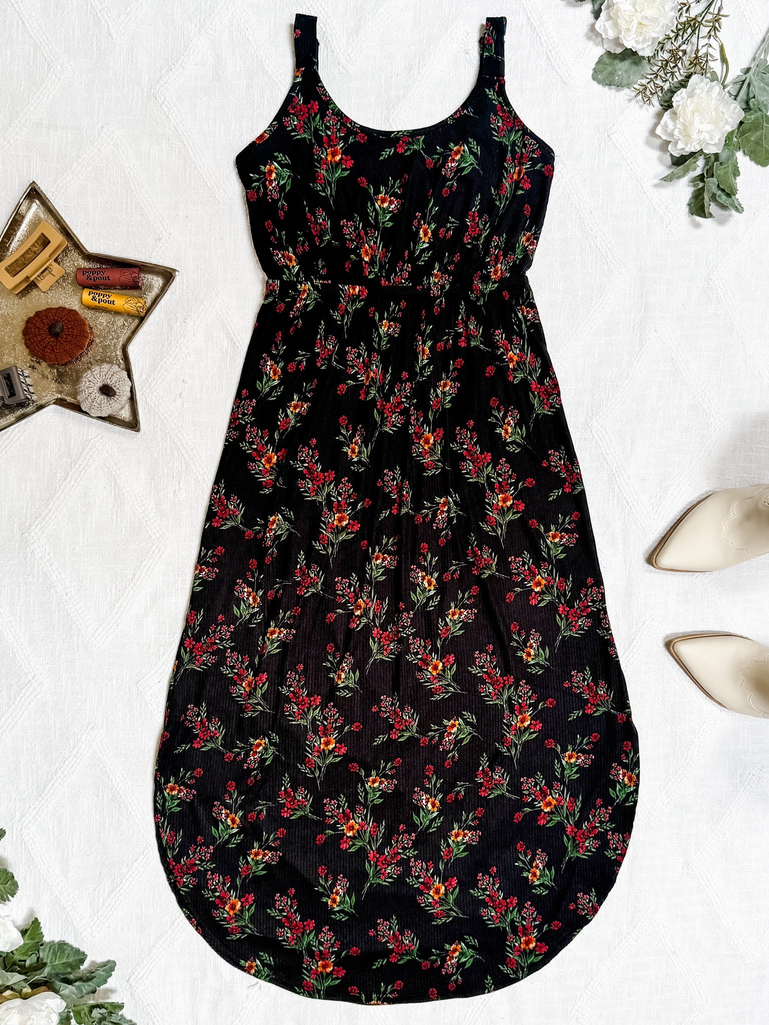 SALE! Reagan Ribbed Midi Dress - Black Floral