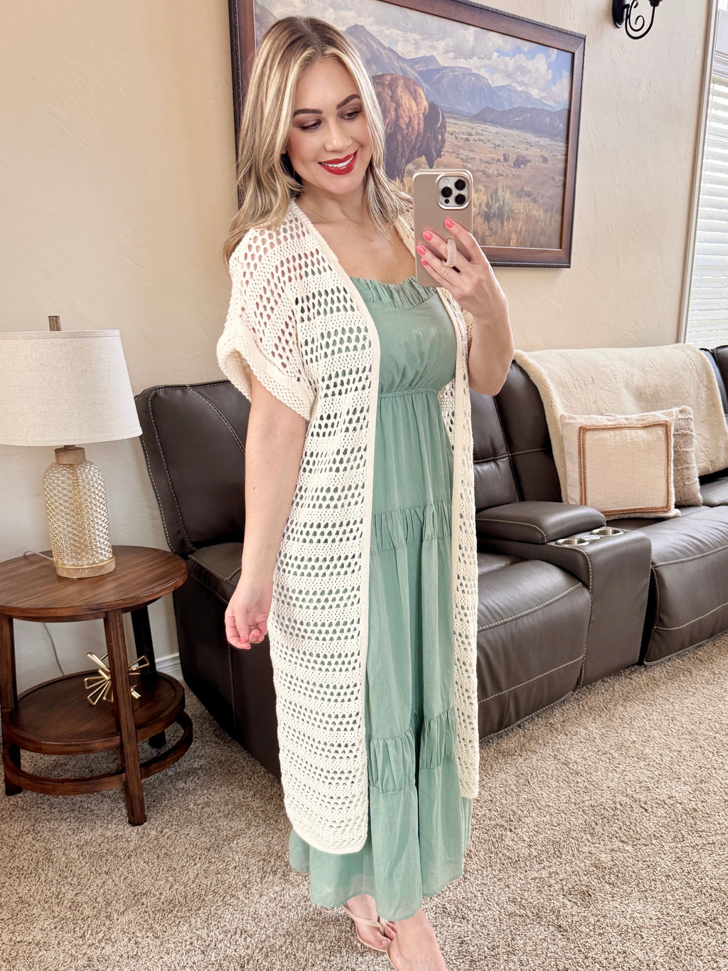 Open Knit Long Cardigan In Cream