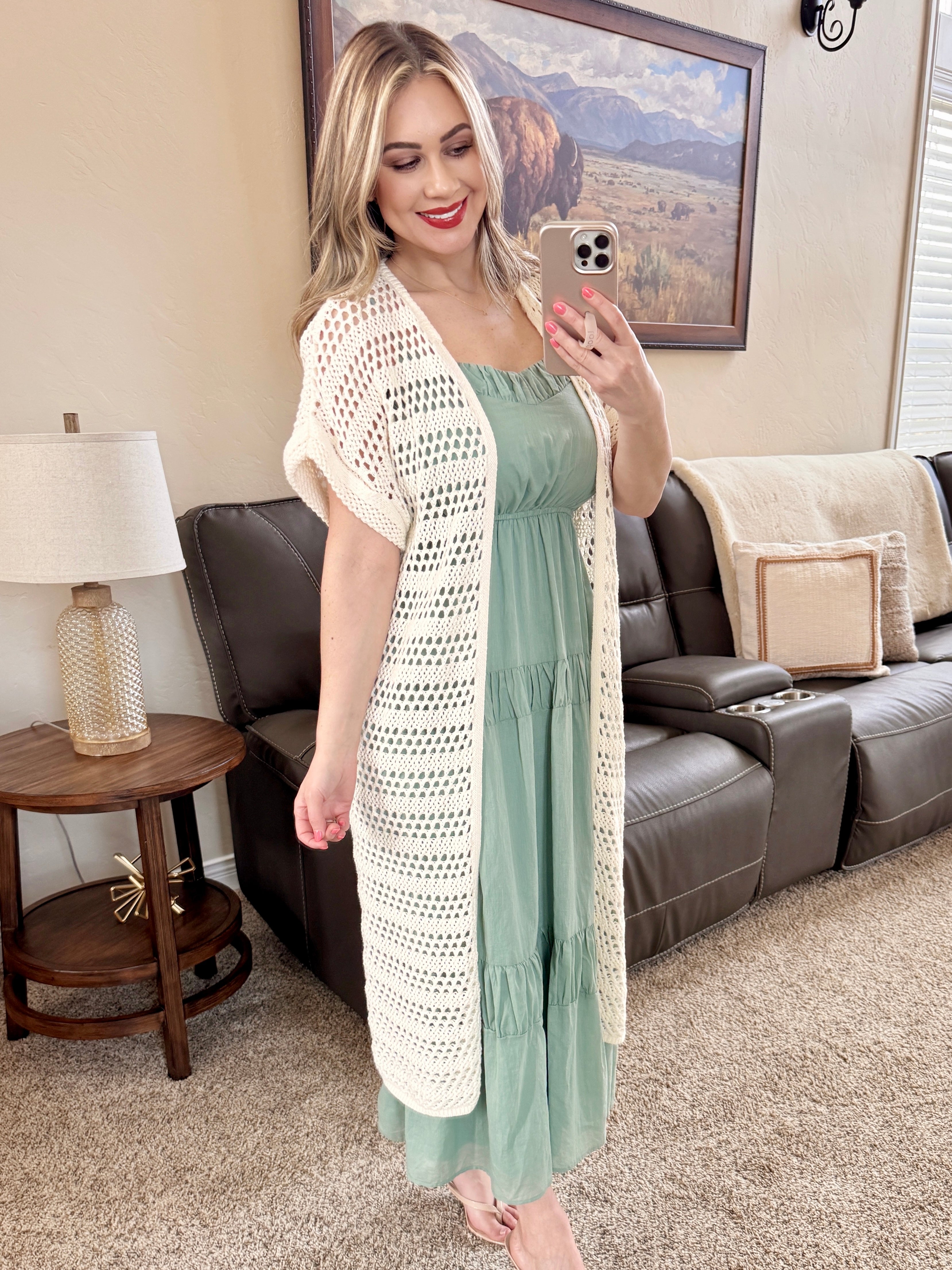 Open Knit Long Cardigan In Cream