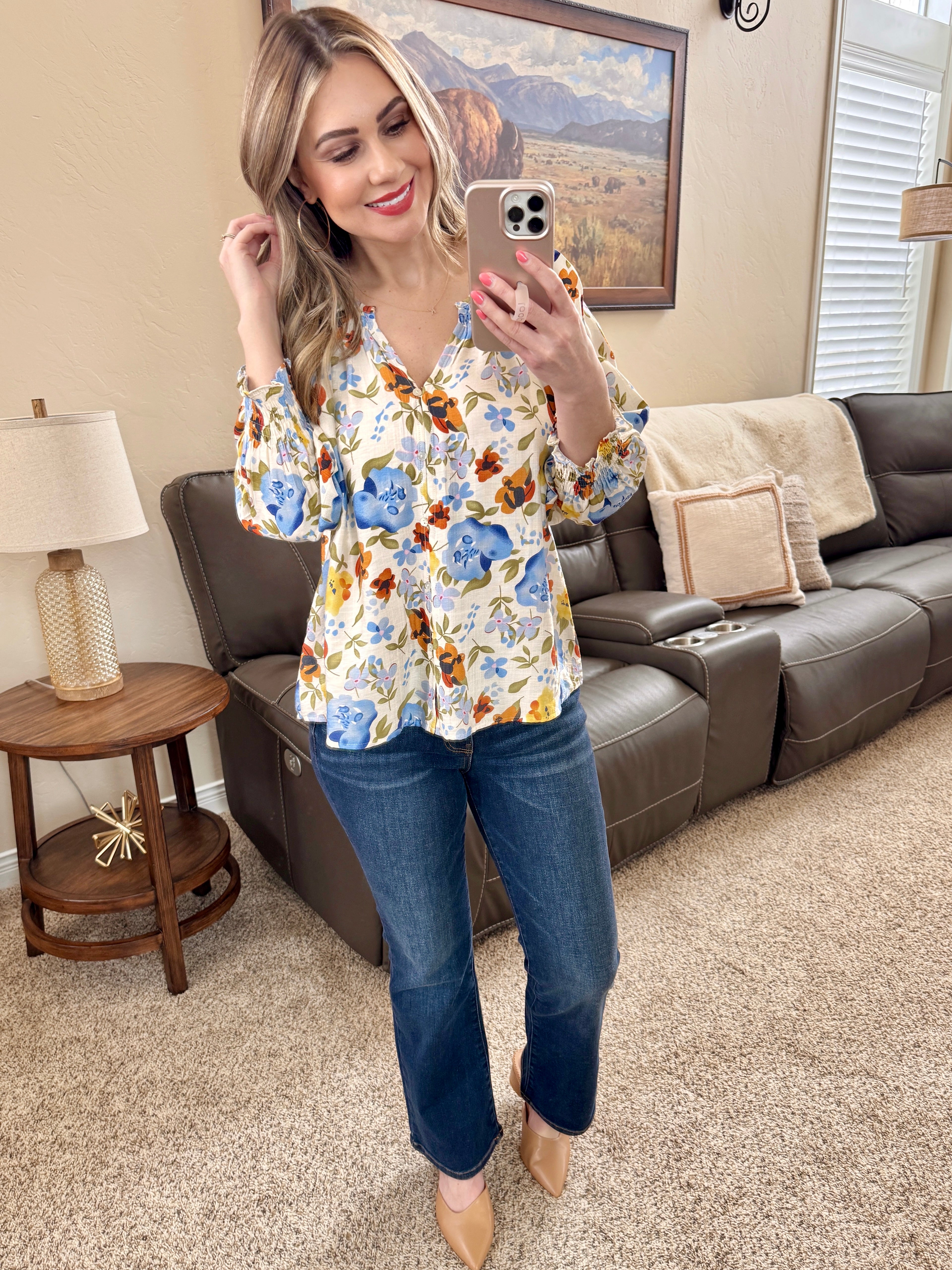 Summer Blue Floral V Neck Blouse