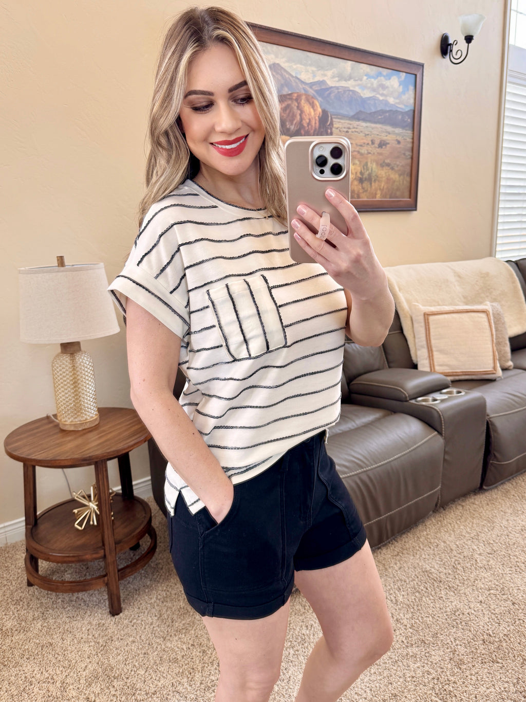 Ivory and Black Striped Ribbon Knit Top