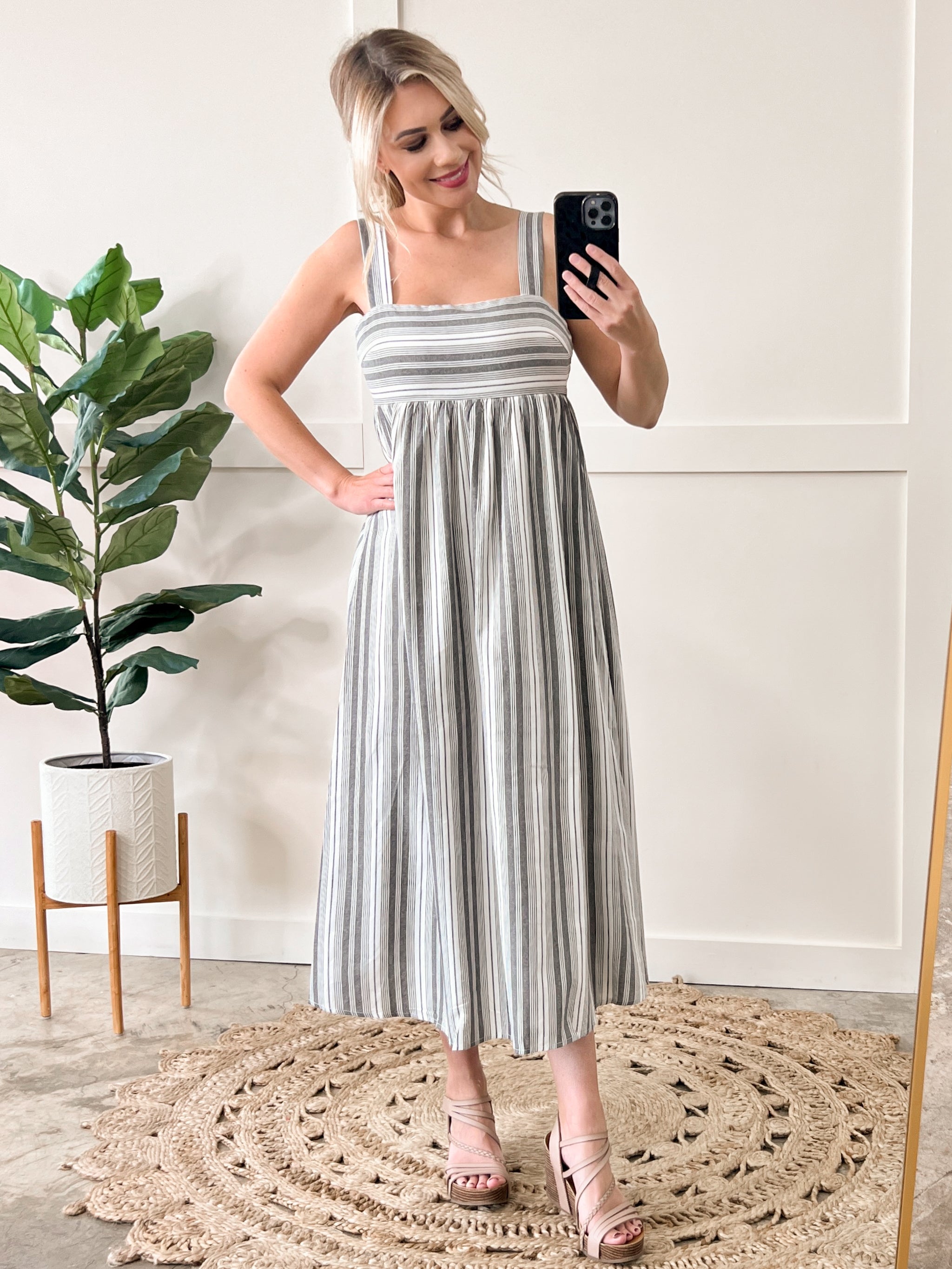 In Store Smocked Maxi Dress In Grey & Ivory Stripes