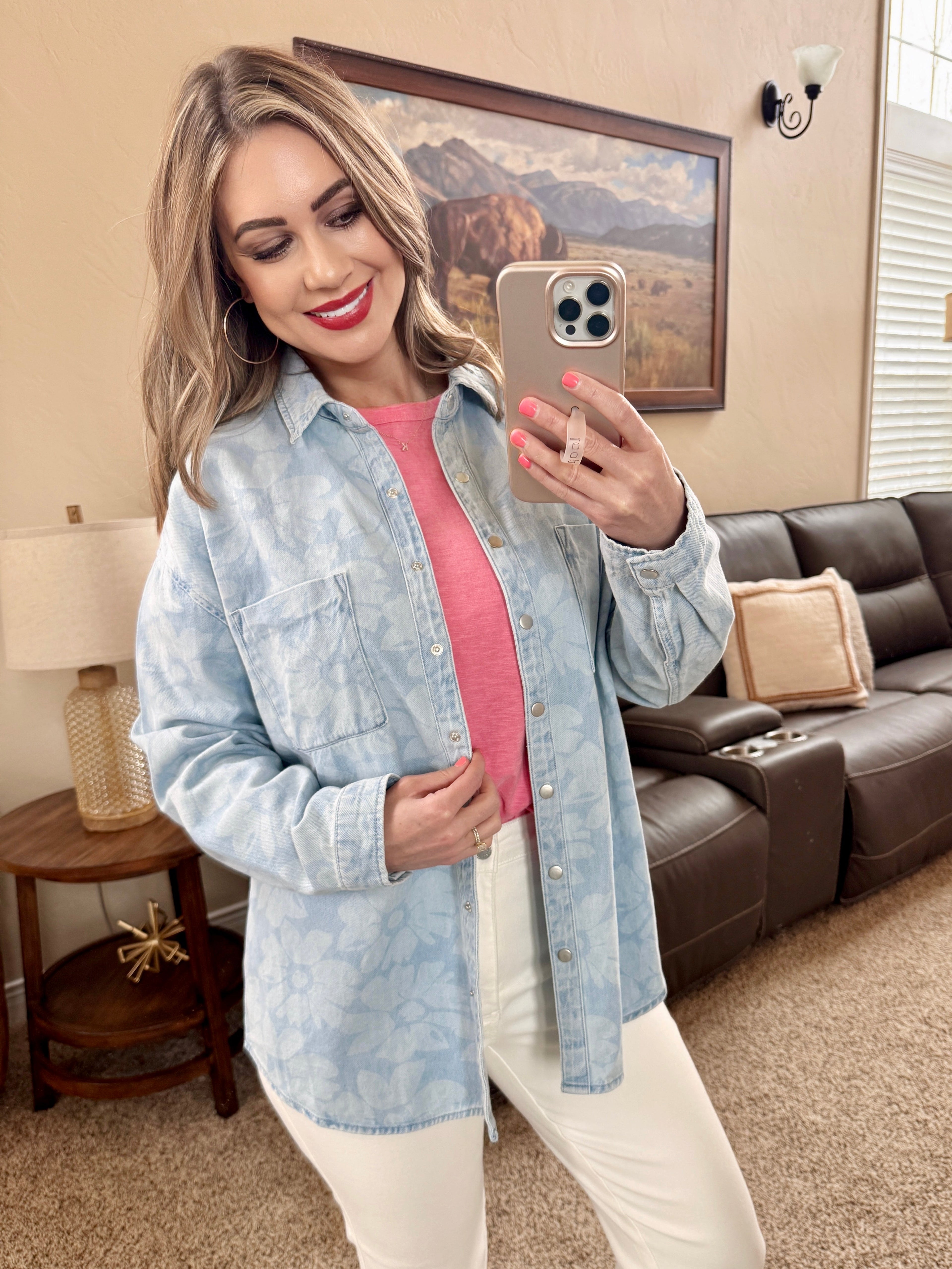 Light Wash Floral Print Risen Shacket