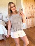 Smocked Ruffle Top In Light Gray