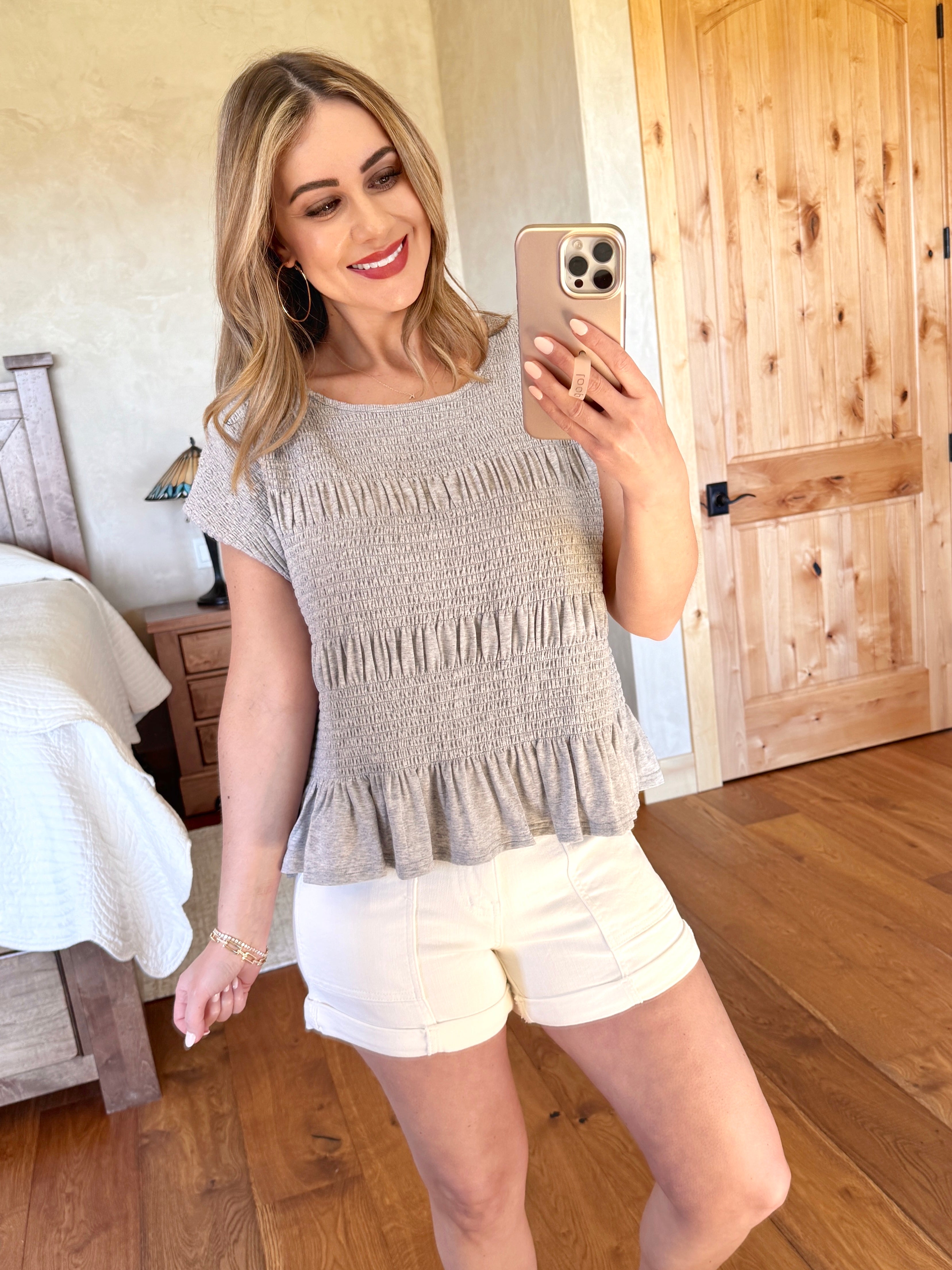 Smocked Ruffle Top In Light Gray