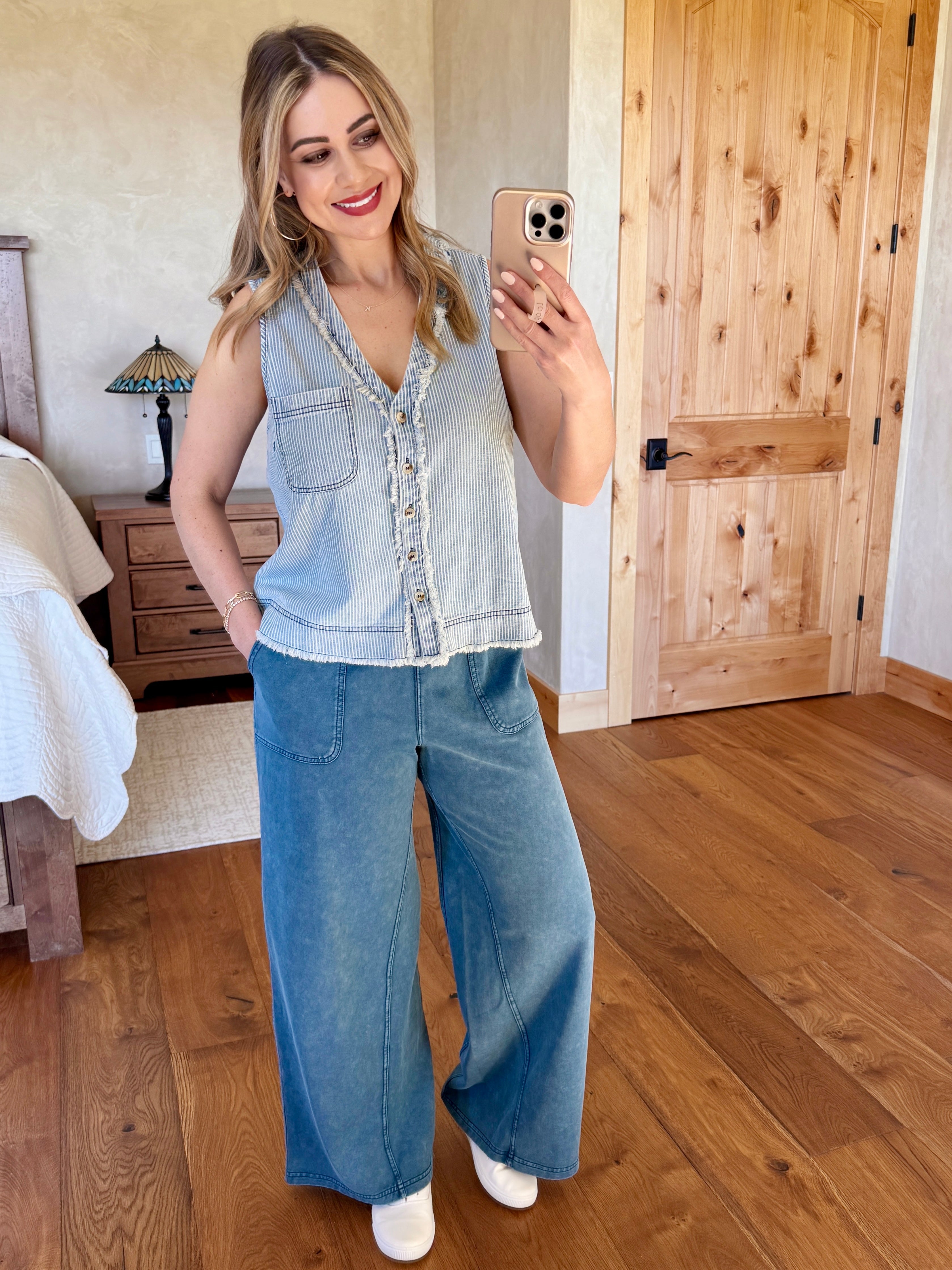 Wide Leg Mineral Wash Pants In Denim Blue