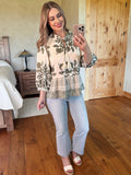 Olive Print Blouse With Tassel Tie