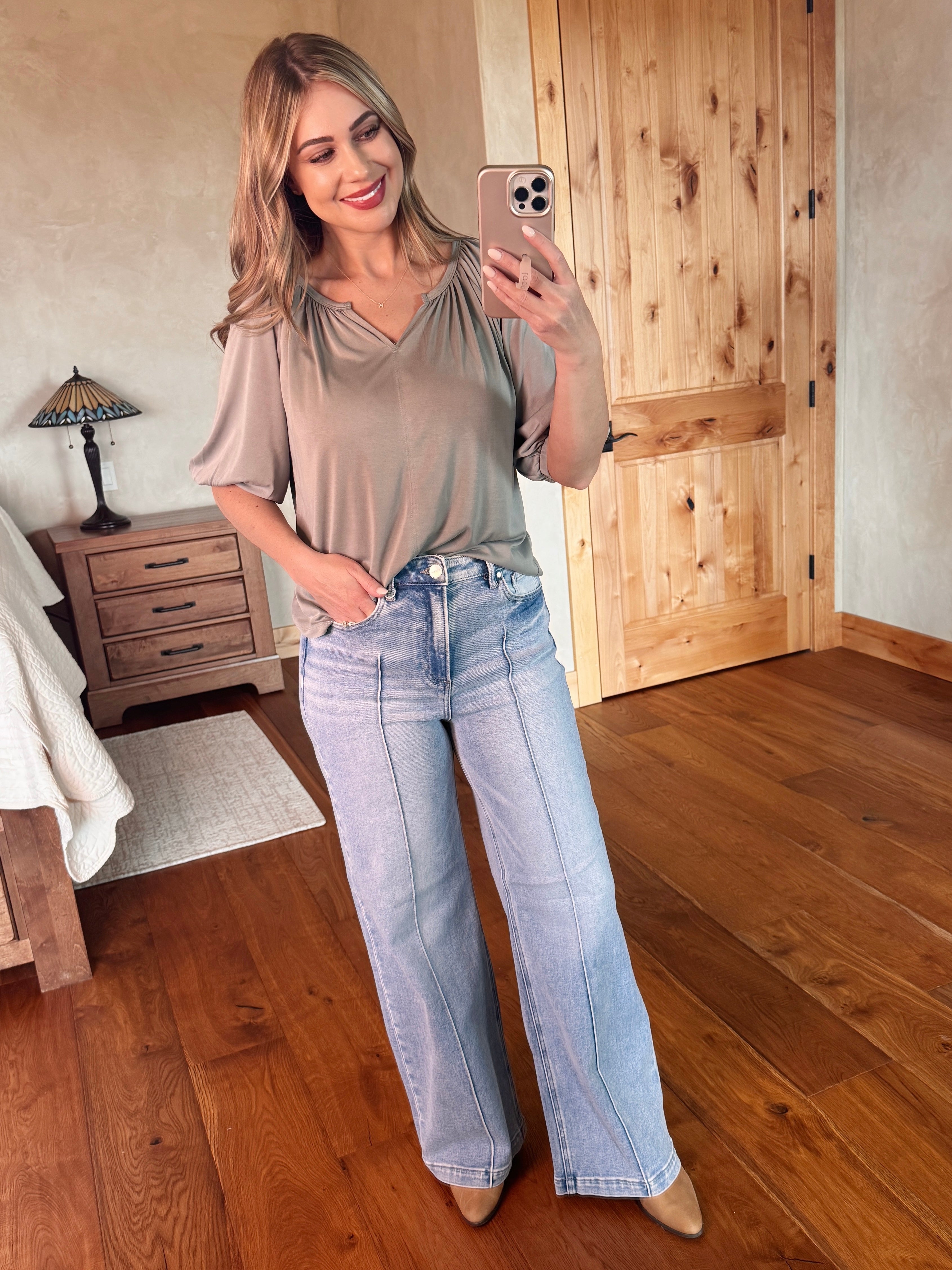 Risen Wide Leg Pin Tuck Detail Jeans