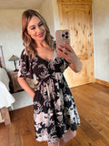 Smocked Black Flutter Sleeve Floral Dress