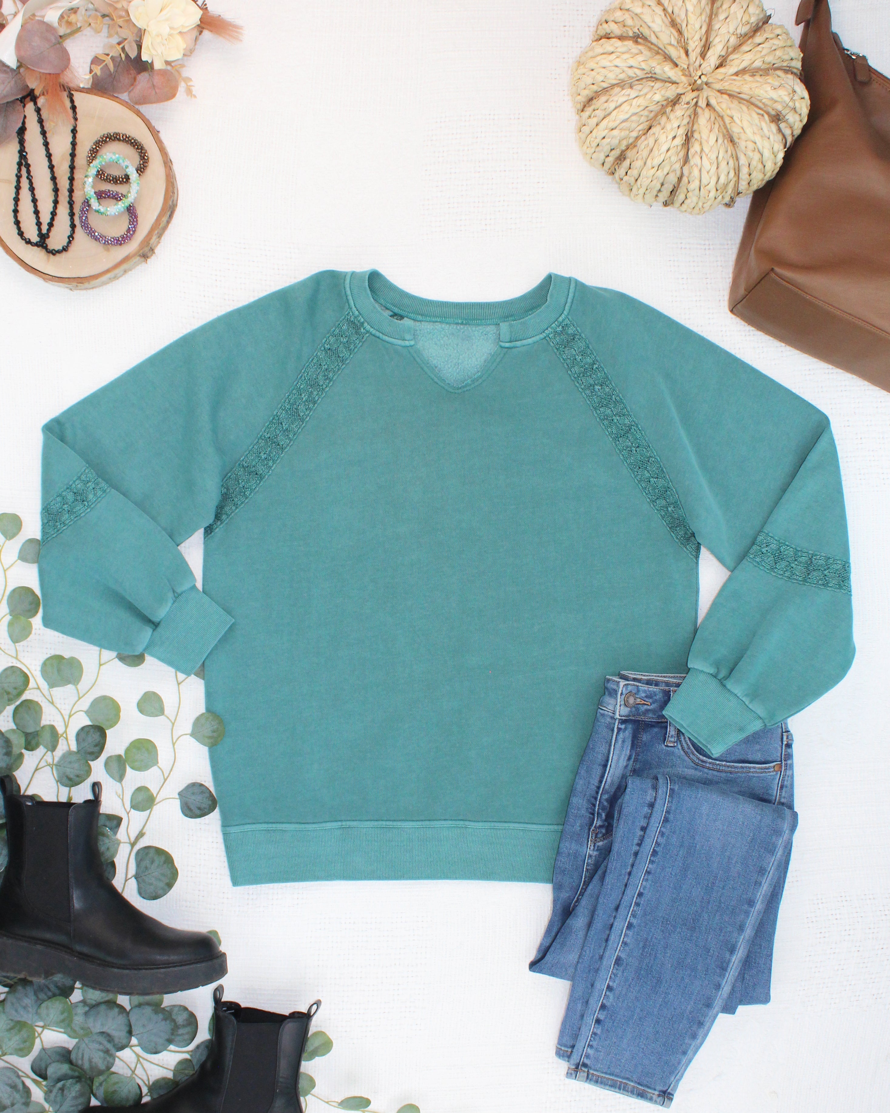 Lace Accent Vintage Wash Pullover - Teal