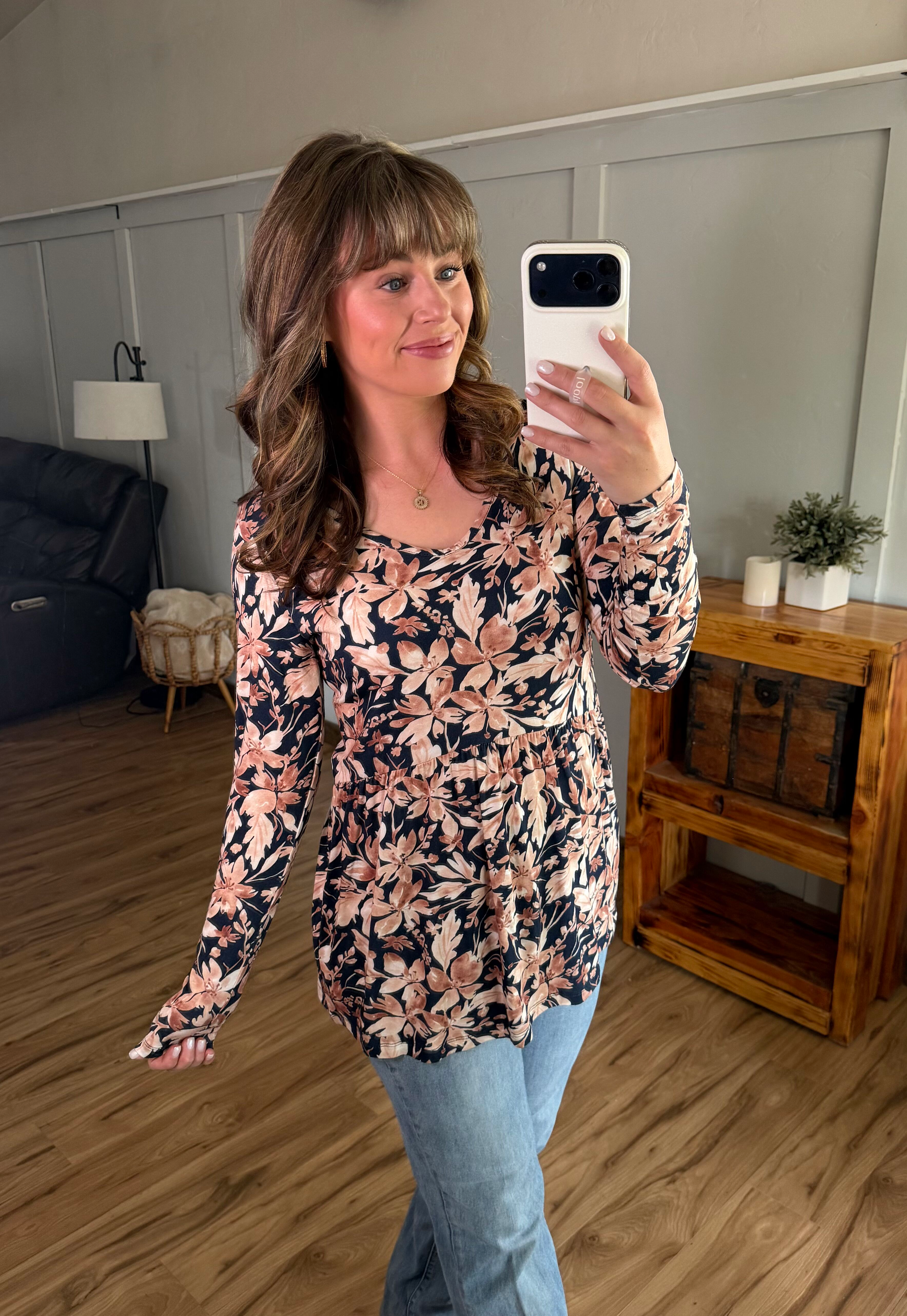 Long Sleeve Sarah Ruffle Top - Navy Autumn Petals