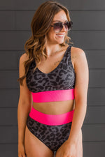 Load image into Gallery viewer, Kissed By The Sun Bikini Swim- Charcoal Leopard &amp; Neon Pink (Top &amp; Bottoms Sold Separately)
