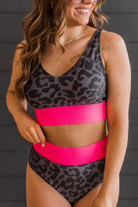 Kissed By The Sun Bikini Swim- Charcoal Leopard & Neon Pink (Top & Bottoms Sold Separately)