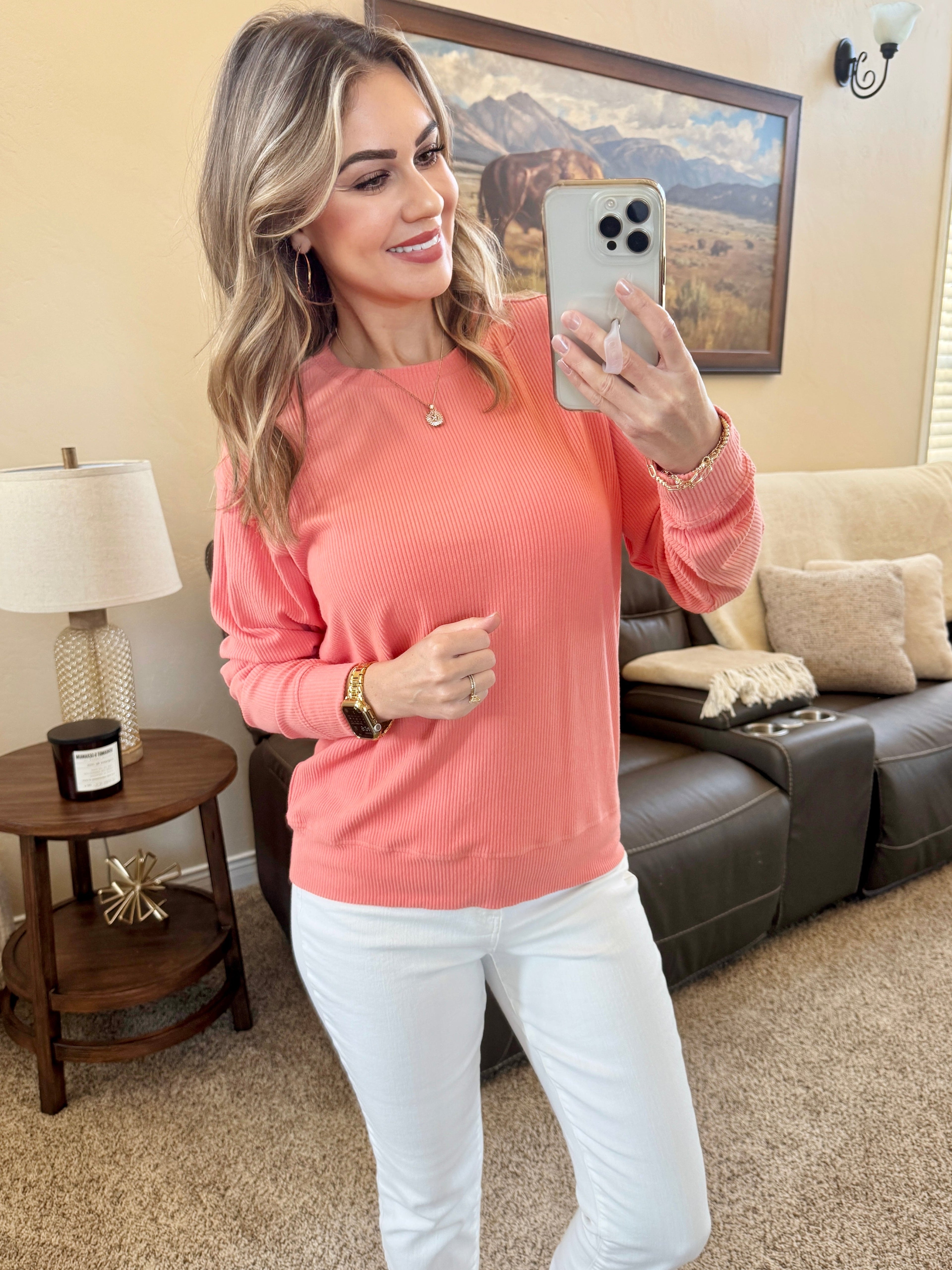 Corrine Ribbed Pullover Top - Coral