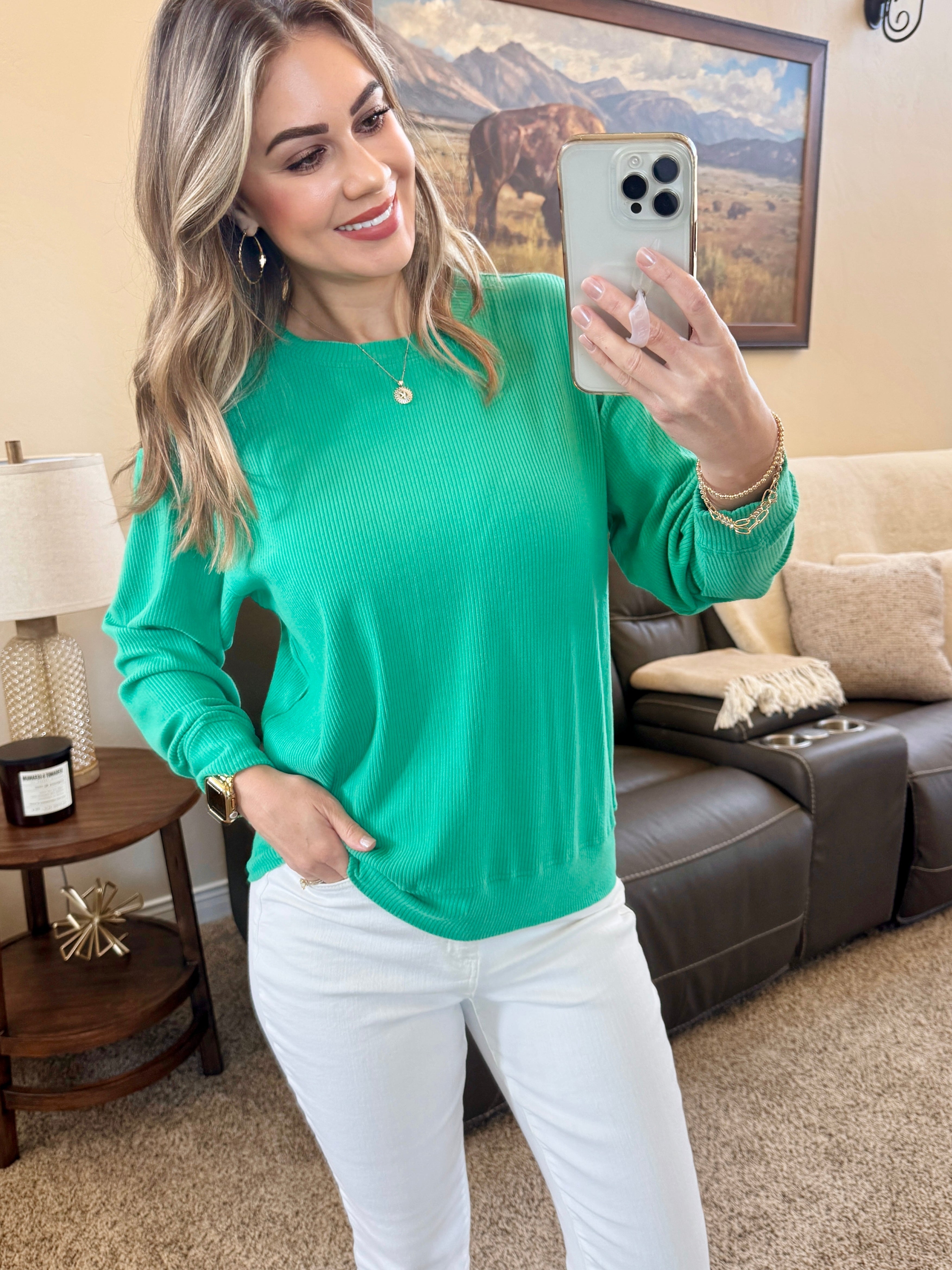 Corrine Ribbed Pullover Top - Emerald