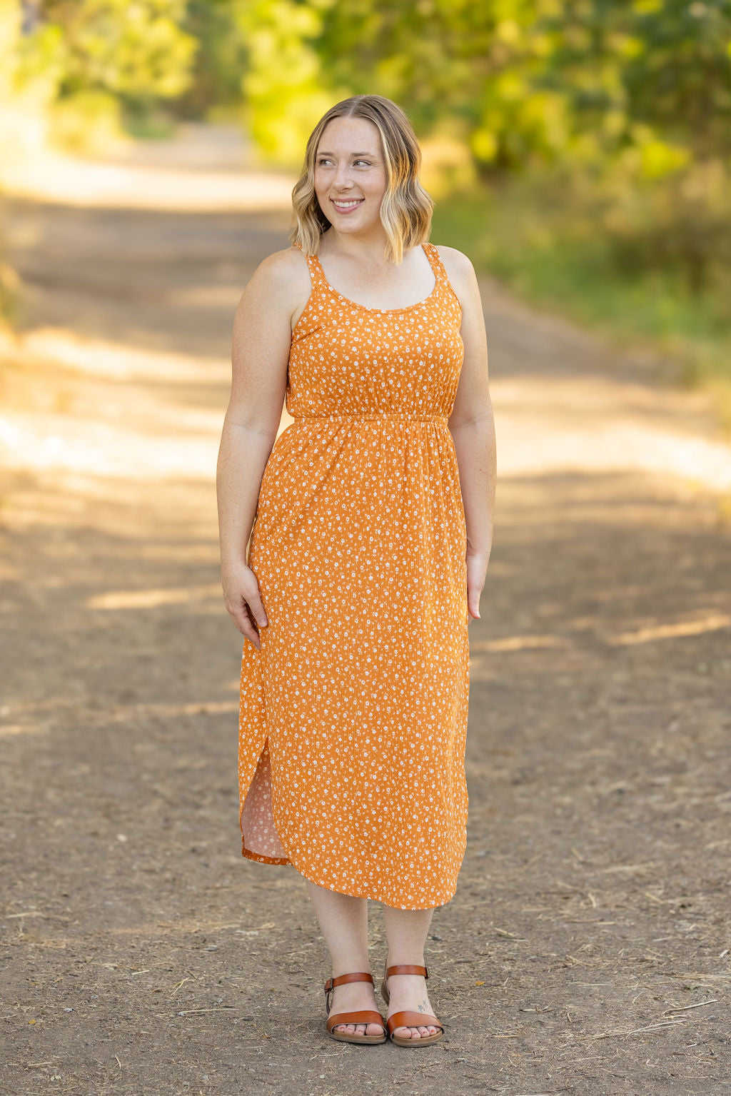 Reagan Ribbed Midi Dress - Pumpkin Floral