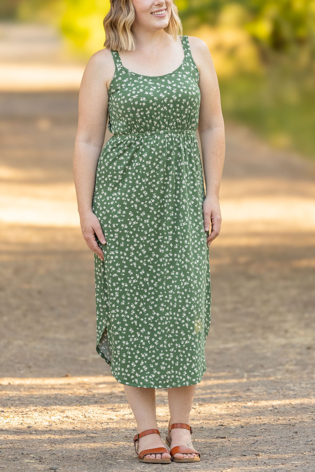 Reagan Ribbed Midi Dress - Olive Floral