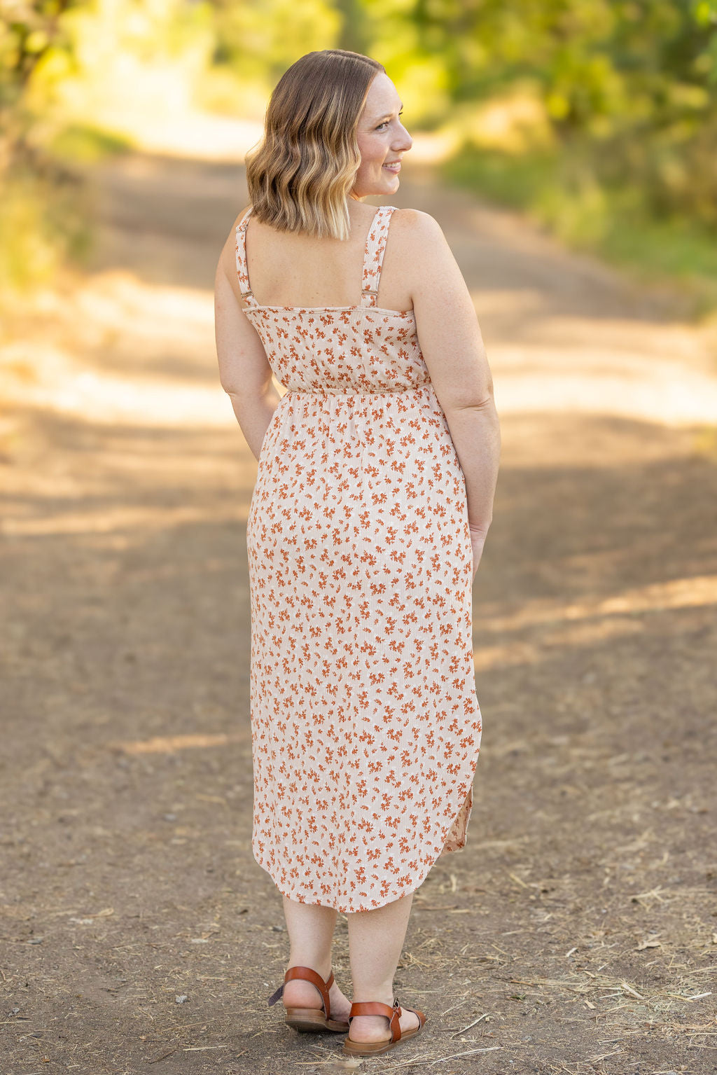 Reagan Ribbed Midi Dress - Sand and Rust Floral