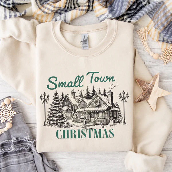 Small Town Christmas Hoodie, Pullover, or Tee in Tan