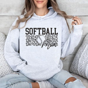 Leopard Softball Mom Hoodie, Pullover, or Tee in Gray