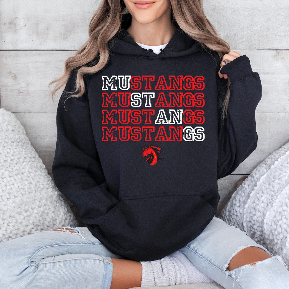 Stacked Rochester Mustangs Hoodie, Pullover, or Tee in BLACK
