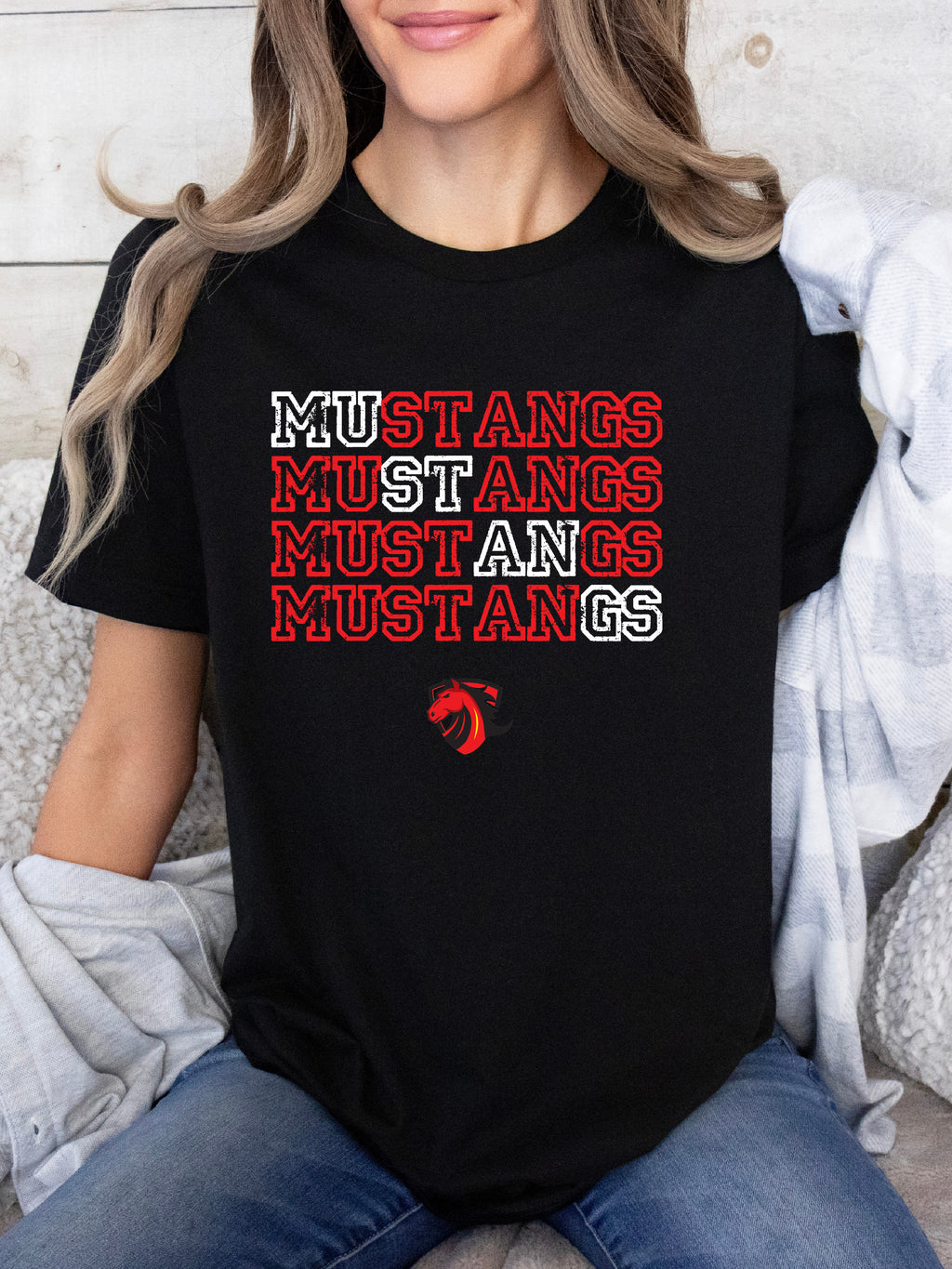 Stacked Rochester Mustangs Hoodie, Pullover, or Tee in BLACK