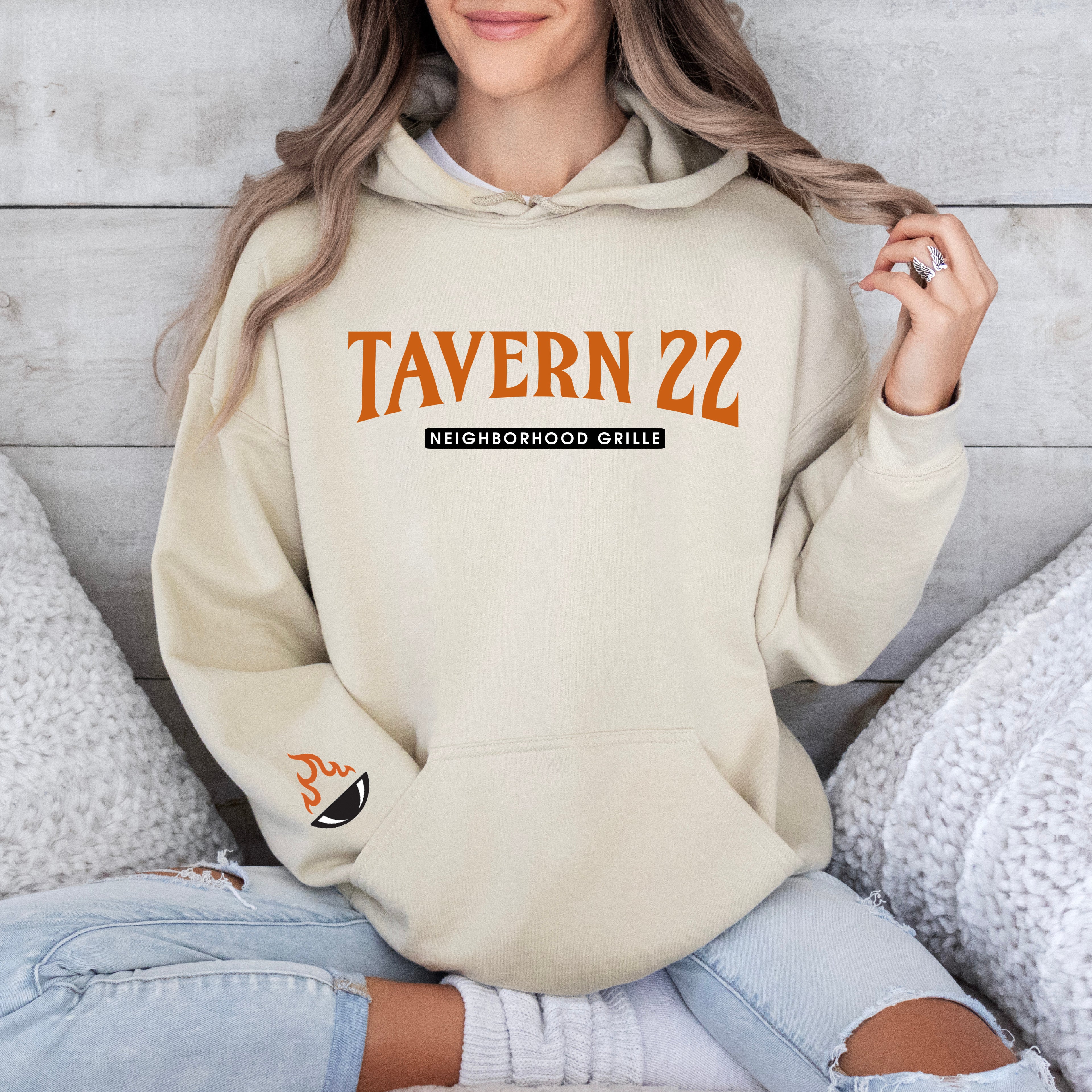 Tavern 22 Hoodie in Tan- Sleeve Logo