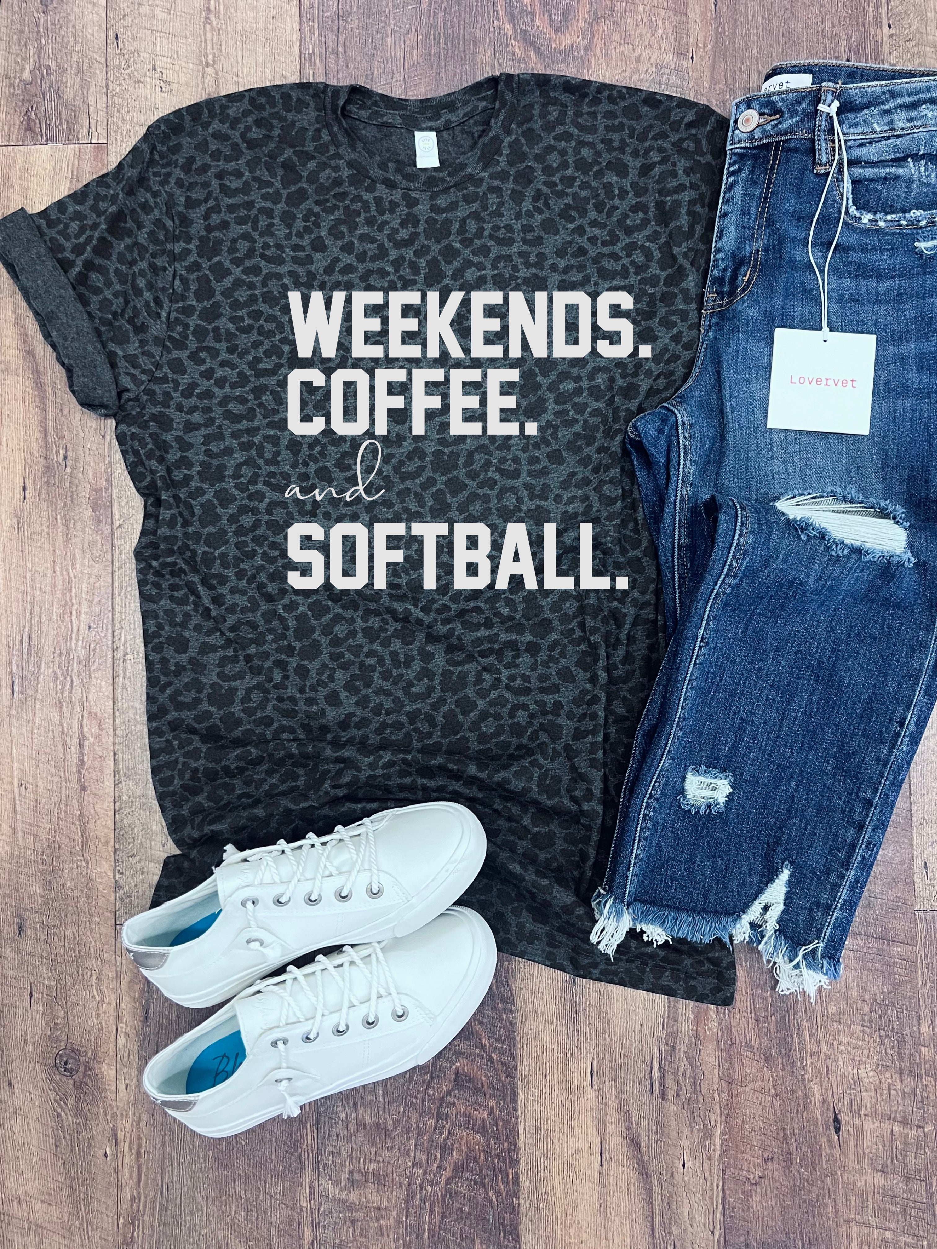 Weekends Coffee Softball Tee in Black Leopard