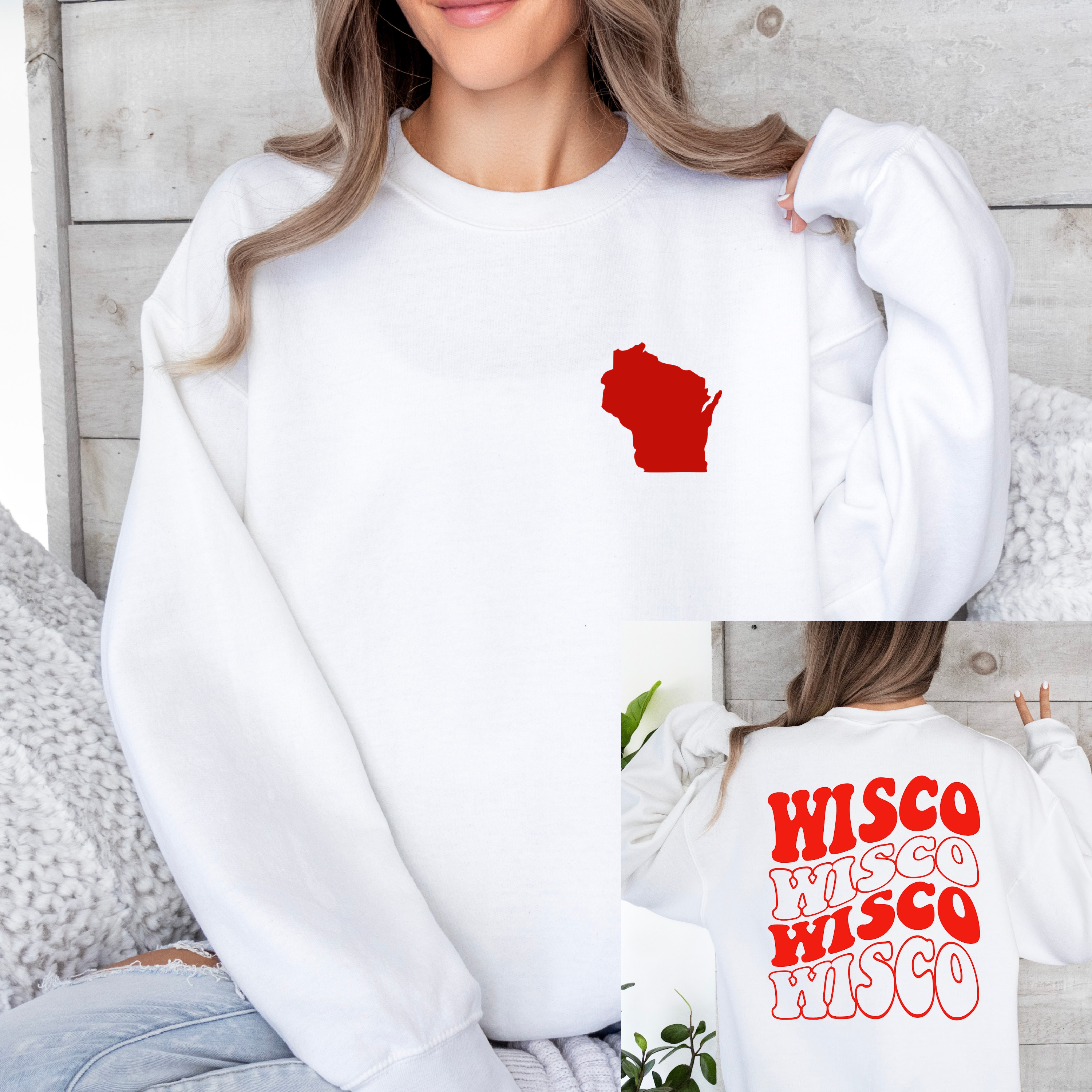 Wisco Crew Sweatshirt Front and Back in Red or White