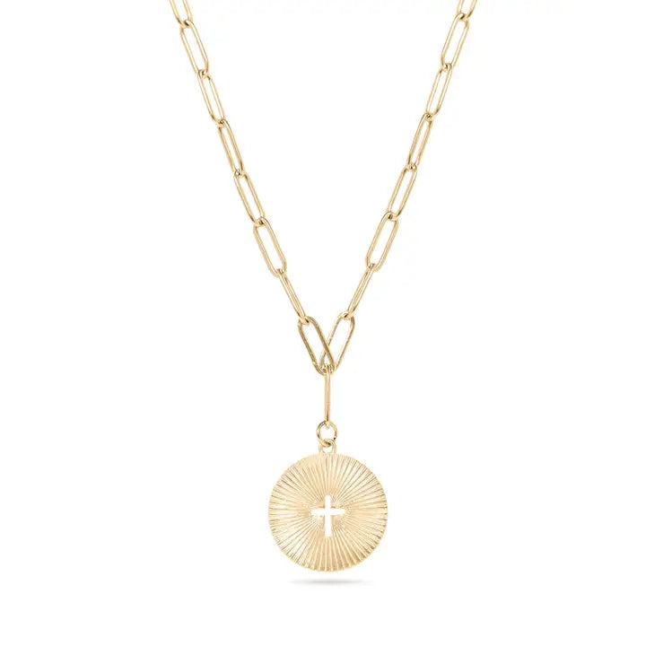 Gold Stainless Steel Sunburst Cross Paperclip Charm Necklace