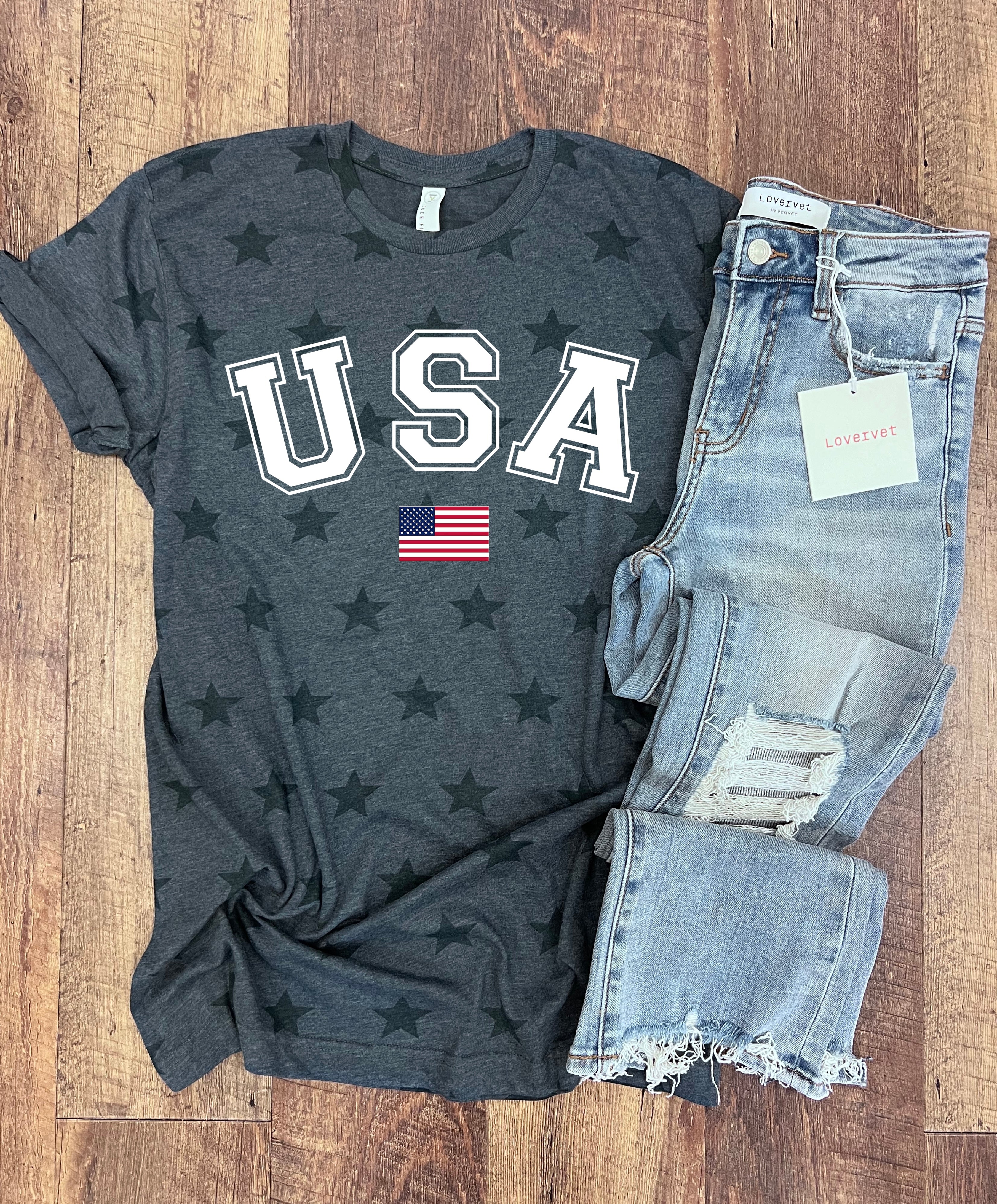 USA Flag Star Tee in Denim Blue