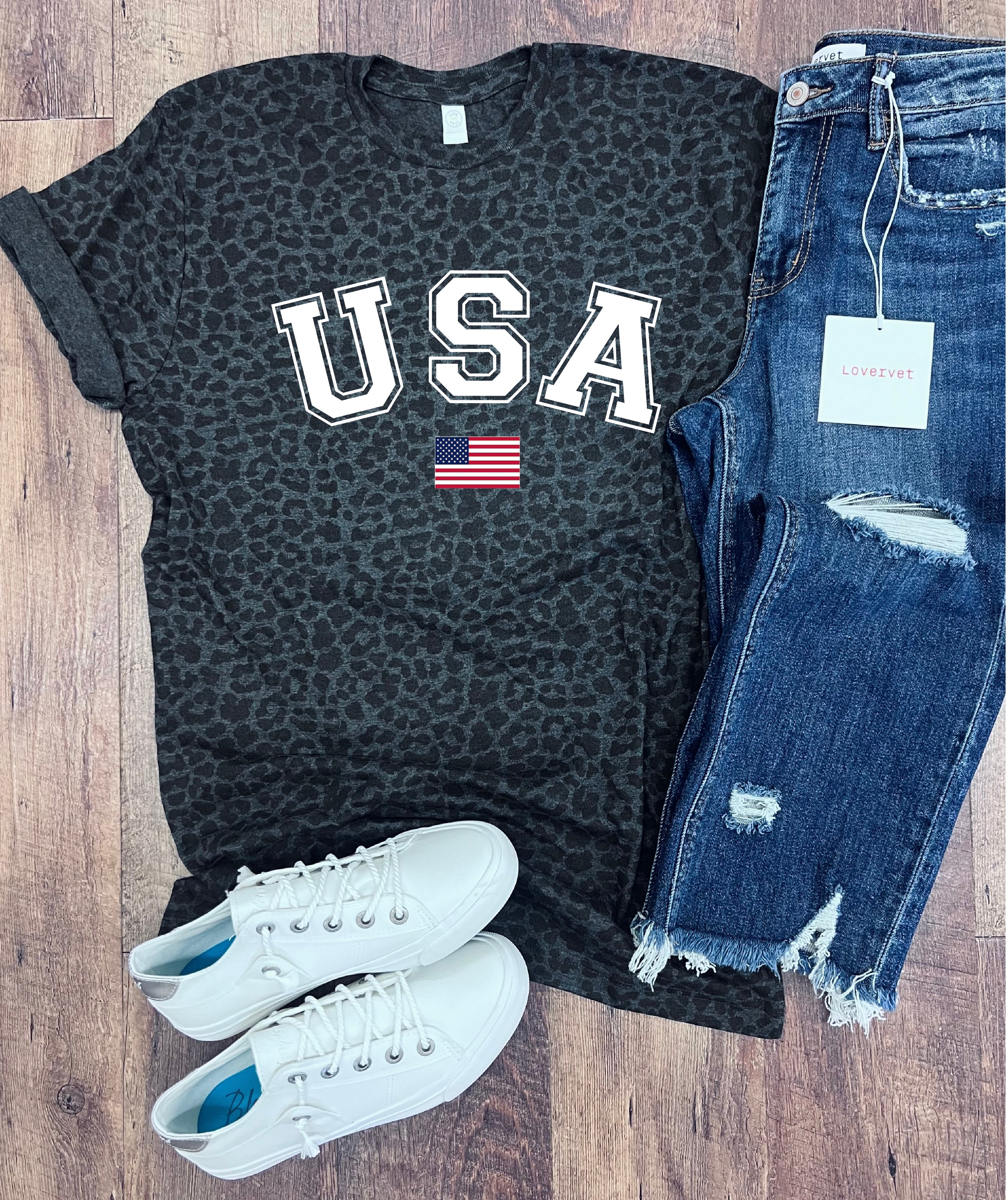 USA Tee in Black Leopard