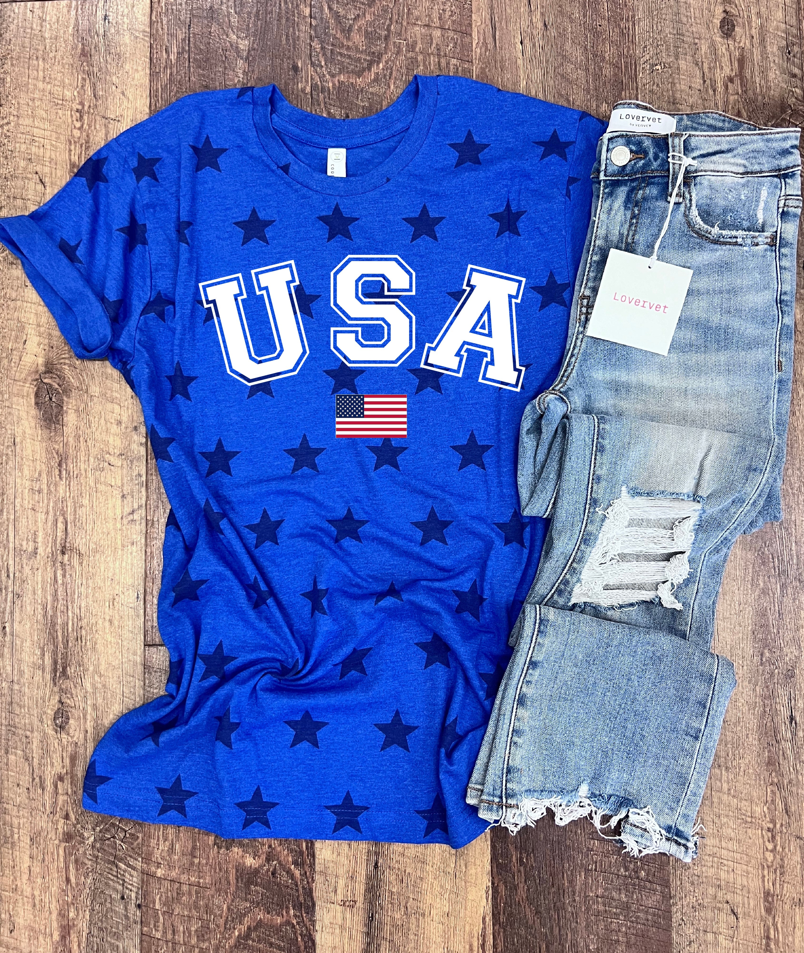 USA Flag Star Tee in Royal Blue