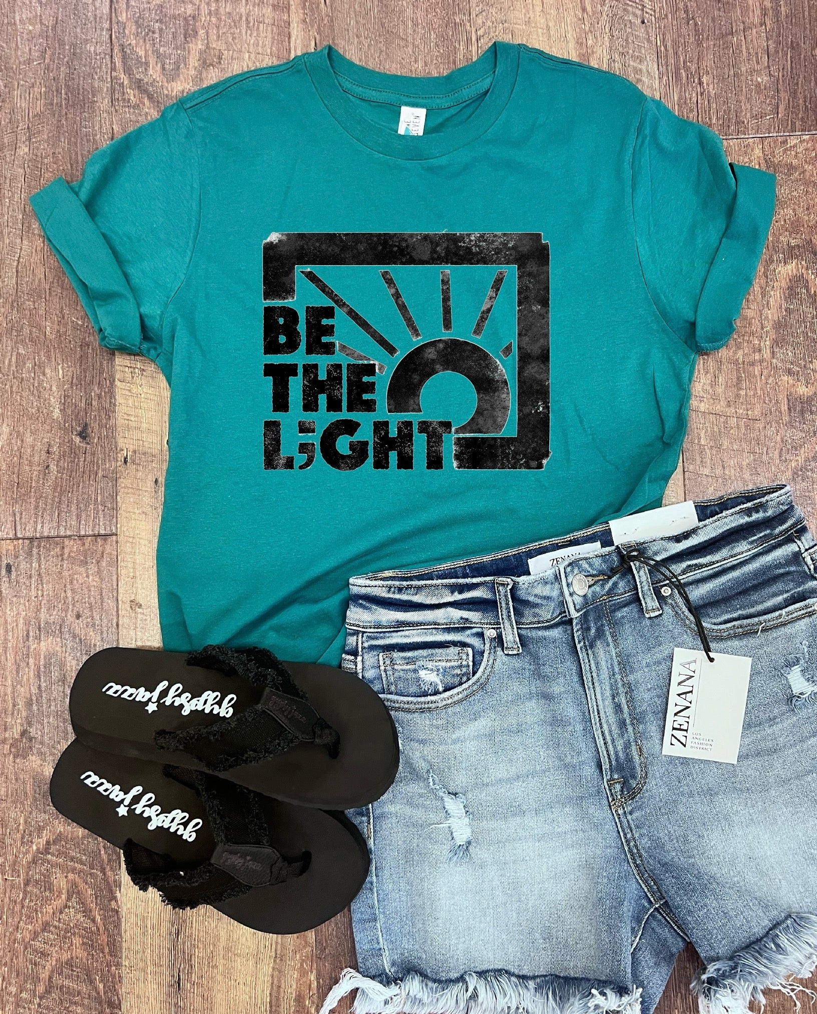 Be The L;ght Tee in Teal with Black Ink
