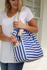 Load image into Gallery viewer, Rope Handle Beach Bag Top Flap - Blue Micro Stripe
