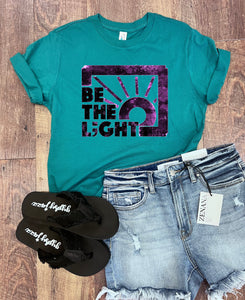 Be The L;ght Tee in Teal with Purple Ink