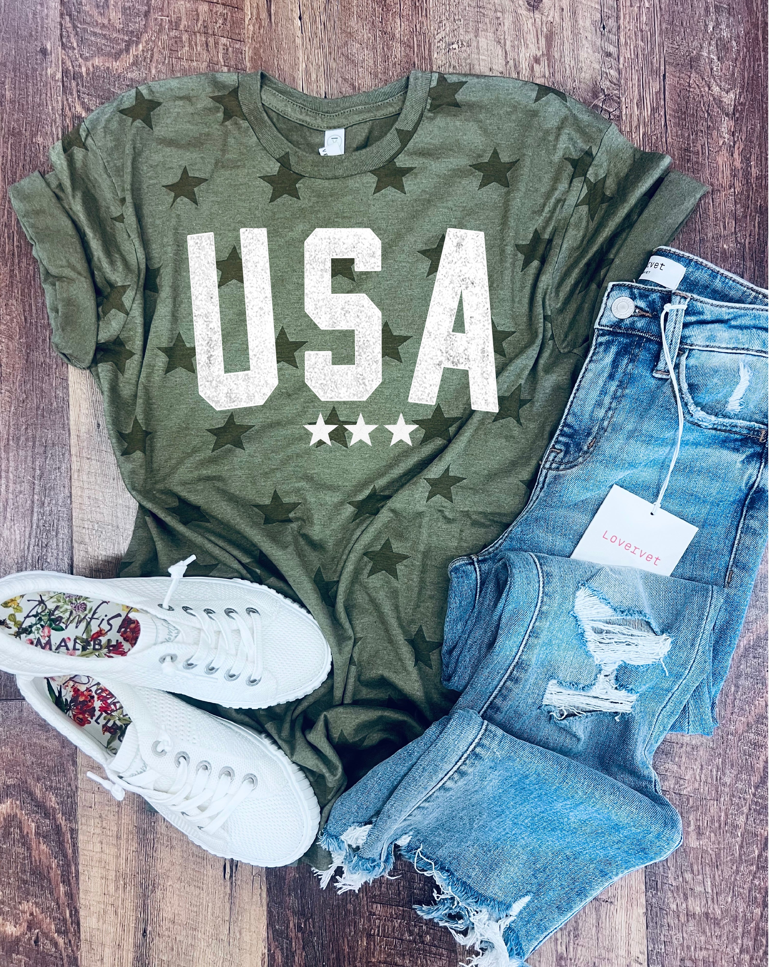 Distressed USA Tee in Military Green Stars