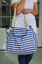 Load image into Gallery viewer, Rope Handle Beach Bag Top Flap - Blue Micro Stripe
