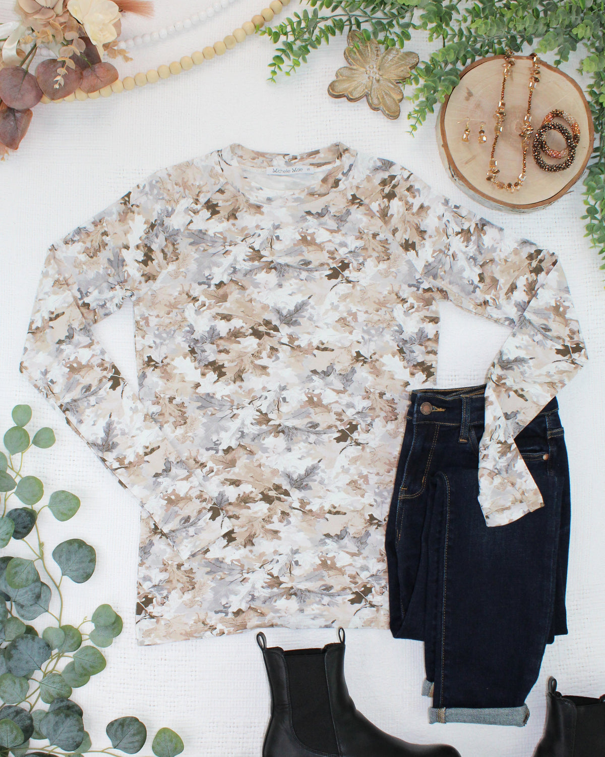Blair Long Sleeve Top - Neutral Leaves