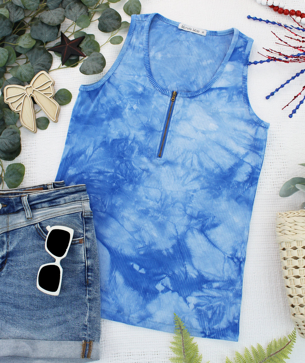 Mila Zipper Tank - Blue Tie Dye